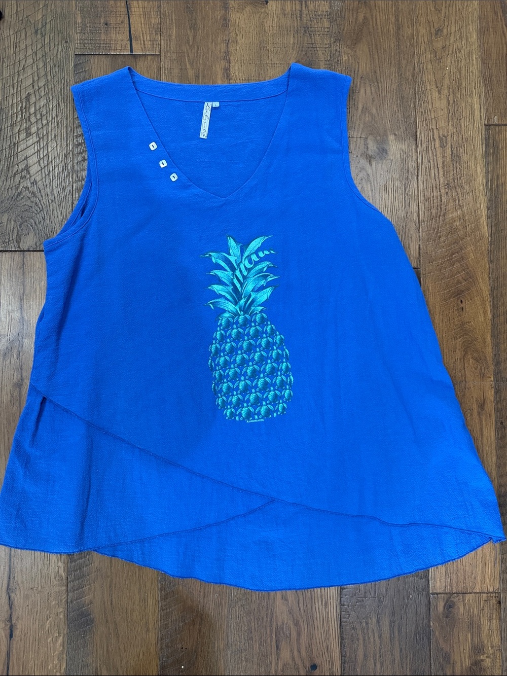 Lulu-B Blue Sleeveless Asymmetrical V-Neck Tank with Pineapple Print